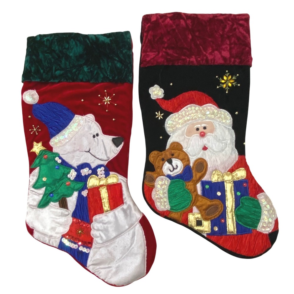 Embroidered Embellished Christmas Stocking Lot of 2 Santa Claus‎ Snowman Holiday
